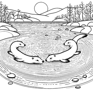 Spritzige Otter beim Spielen im Wasser Ausmalbild für neugierige Naturfreunde