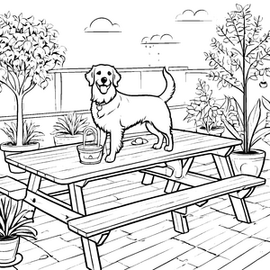 Süßer Golden Retriever auf der Gartenbank Ausmalbild für neugierige Entdecker