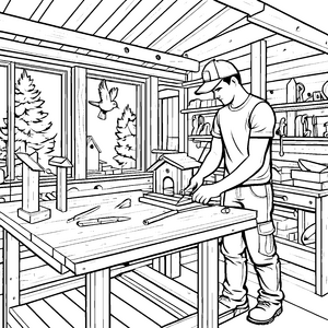 Kreativer Tischler bei der Vogelhaus-Bautaktion Ausmalmotiv für junge Handwerker