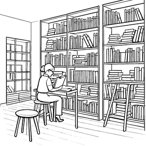 Wissbegierige Bibliothekarin zwischen vielen Büchern Ausmalvorlage für kleine Entdecker