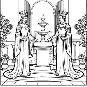Majestätisches Paar vor prächtiger Fontäne Ausmalmotiv für kunstvolle Herrscher