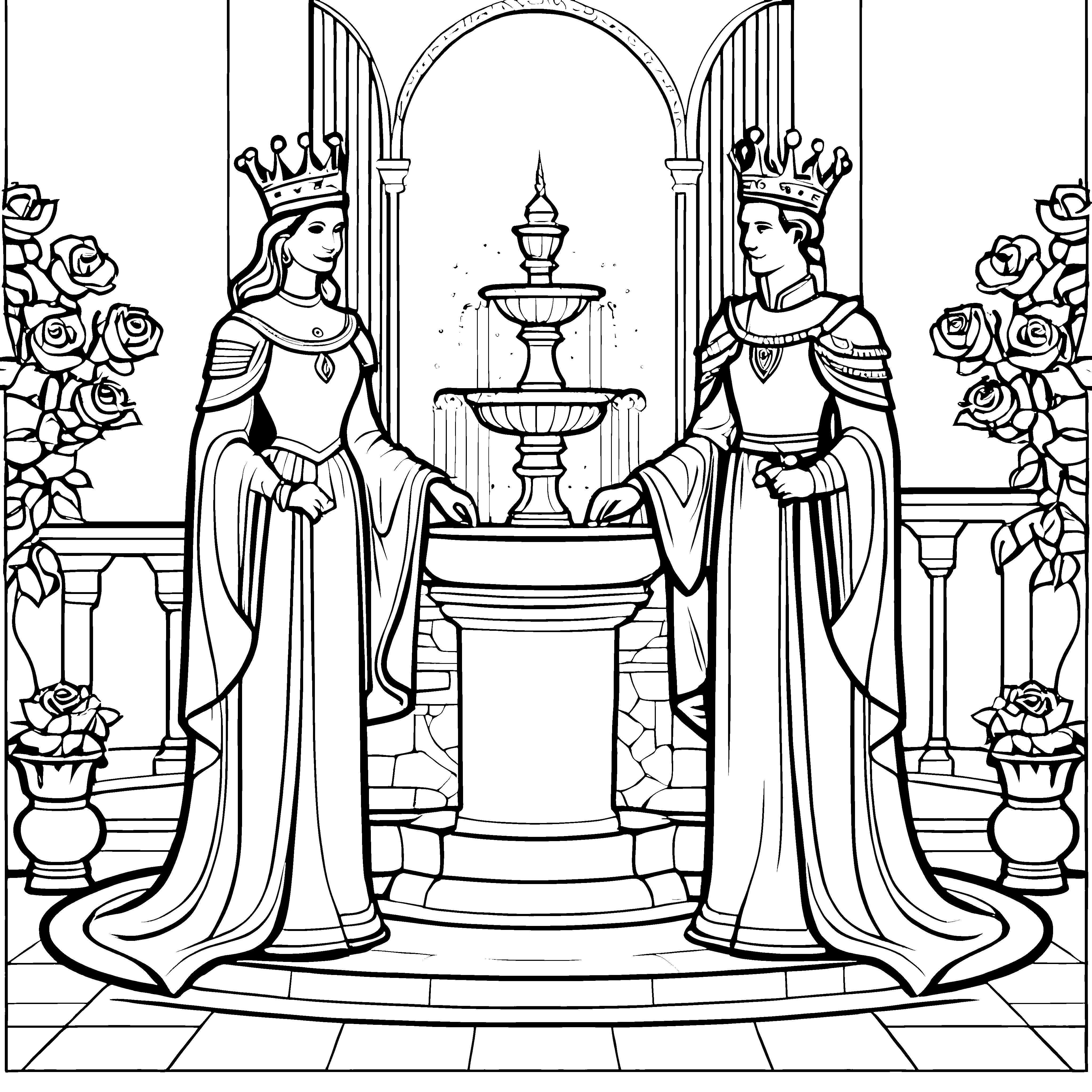 Majestätisches Paar vor prächtiger Fontäne Ausmalmotiv für kunstvolle Herrscher