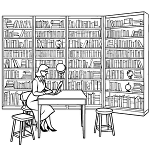 Wissbegieriger Bibliothekarin bei der spannenden Recherche Ausmalvorlage für kleine wissenshungrige Entdecker