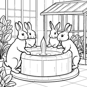 Spaßige Hasenrunde am sprudelnden Brunnen Ausmalbild für junge Naturentdecker