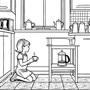 Bezaubernde Kaffeemaschine mit frisch gebrühtem Kaffee Ausmalvorlage für kleine Genusszauberer