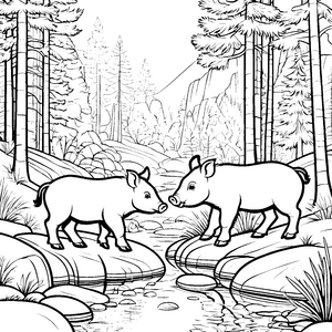 Verspielte Wildschwein-Babys am glitzernden Wasser Malvorlage für kleine Naturentdecker