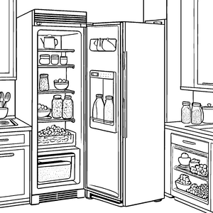 Kreativer Kühlschrank mit bunten Leckereien Ausmalbild für kleine Küchenchefs