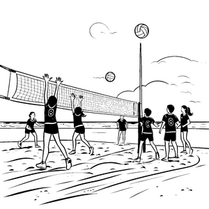 Beachvolleyball-Spieler beim Wettkampf Malvorlage für sportliche Hobbykünstler