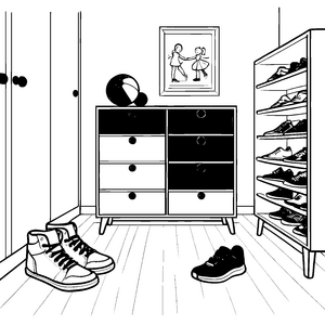 Funky Schuhsammlung im bunten Schuhschrank Malvorlage für kreative Ordnungshüter