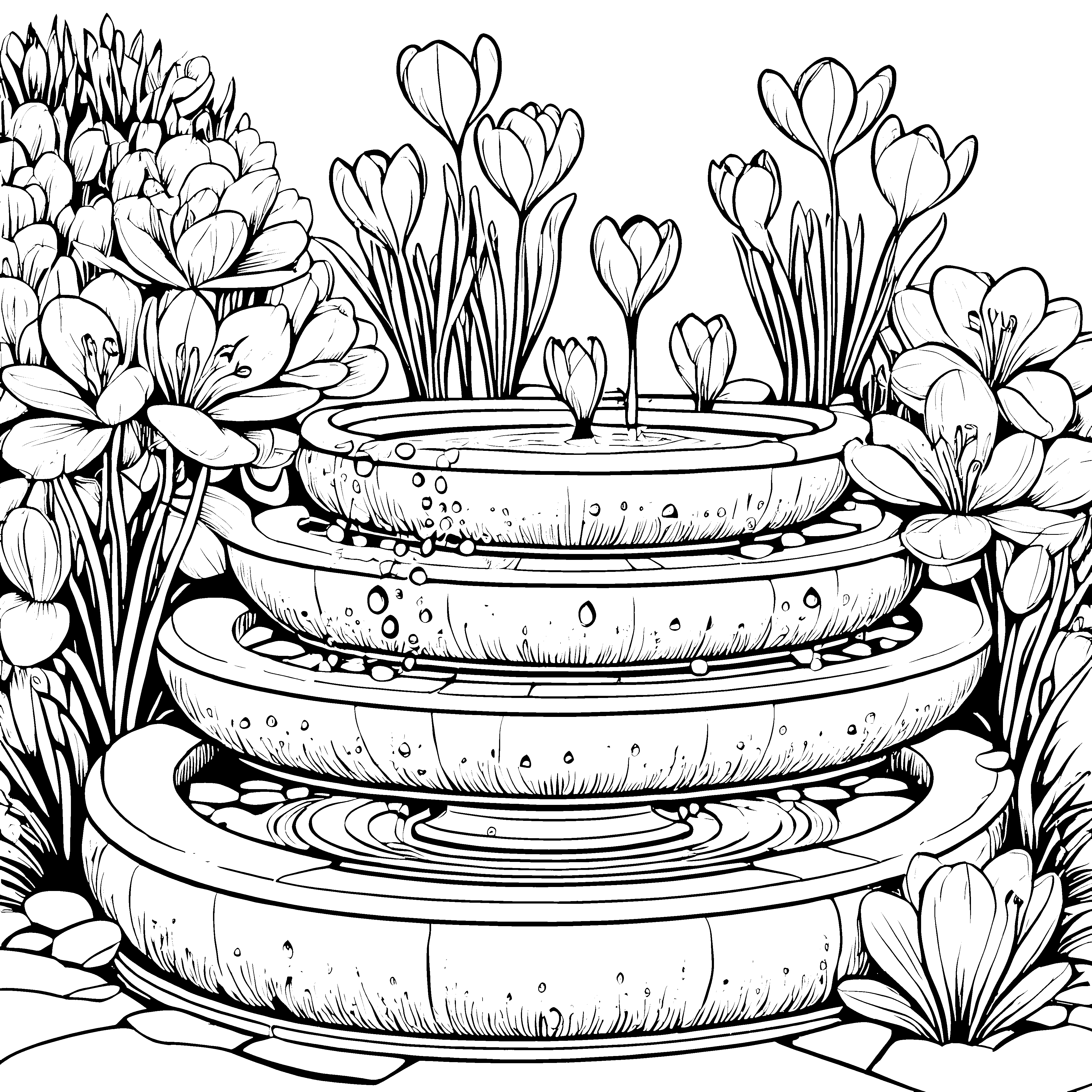 Faszinierende Krokusse um sprudelnde Wasserschalen Ausmalvorlage für fantasievolle Gartenfreunde