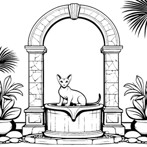 Sphynx Katze in faszinierender Gartenlandschaft Ausmalvorlage für neugierige Tierliebhaber