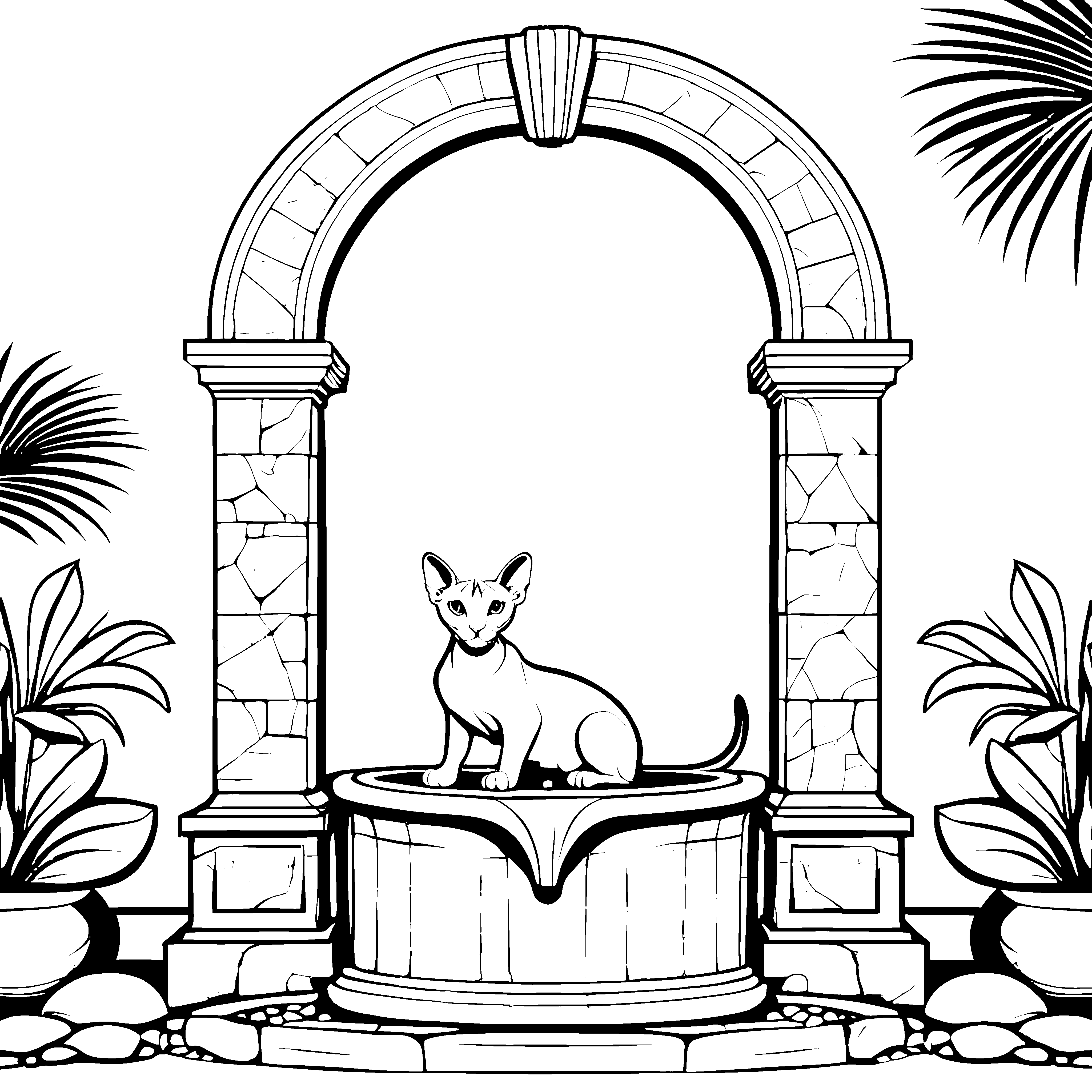Sphynx Katze in faszinierender Gartenlandschaft Ausmalvorlage für neugierige Tierliebhaber