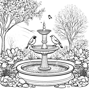 Zwei verliebte Vögel am sprudelnden Brunnen Ausmalbild für träumerische Naturfreunde