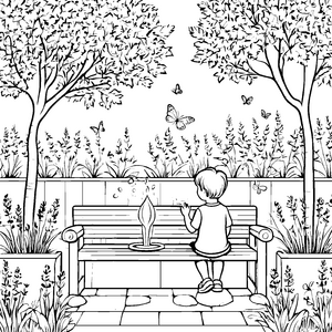 Wunderschöne Gartenbank mit spritziger Wasserquelle Ausmalbild für neugierige Naturfreunde