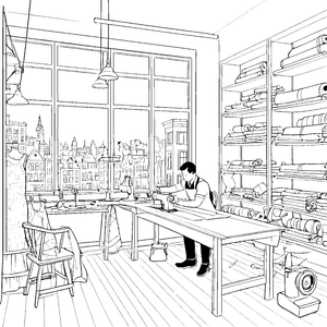 Kreative Schneiderwerkstatt mit buntem Stoffchaos Ausmalbild für fantasievolle Designer