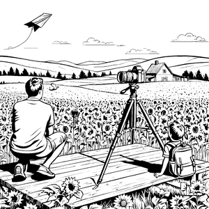 Spannender Fotograf mit Papierflieger in der Blumenwiese Ausmalvorlage für neugierige kleine Erfinder