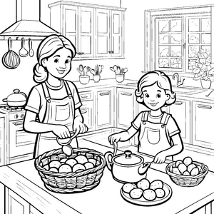 Kochende Kartoffeln in der fröhlichen Küche Ausmalbild für kleine Küchenchefs