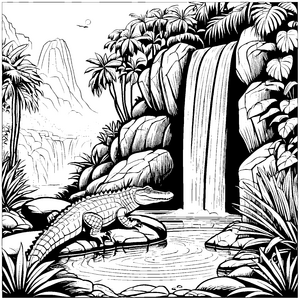 Abenteuerliches Krokodil am Wasserfall Ausmalbild für neugierige Naturforscher
