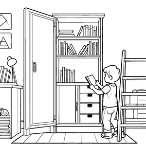 Kreativer Hochschrank mit bunten Büchern Ausmalvorlage für kleine Entdecker