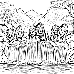 Fünf kräftige Löwen am sprudelnden Wasserfall Ausmalbild für abenteuerlustige Tierfreunde