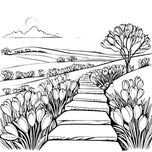 Blühende Krokusse am Traumweg Ausmalbild für neugierige Naturfreunde