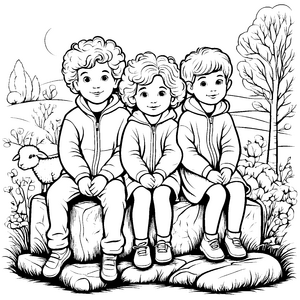 Fröhliche Kinder mit neugierigem Lamm auf dem Stein Ausmalmotiv für kleine Naturforscher