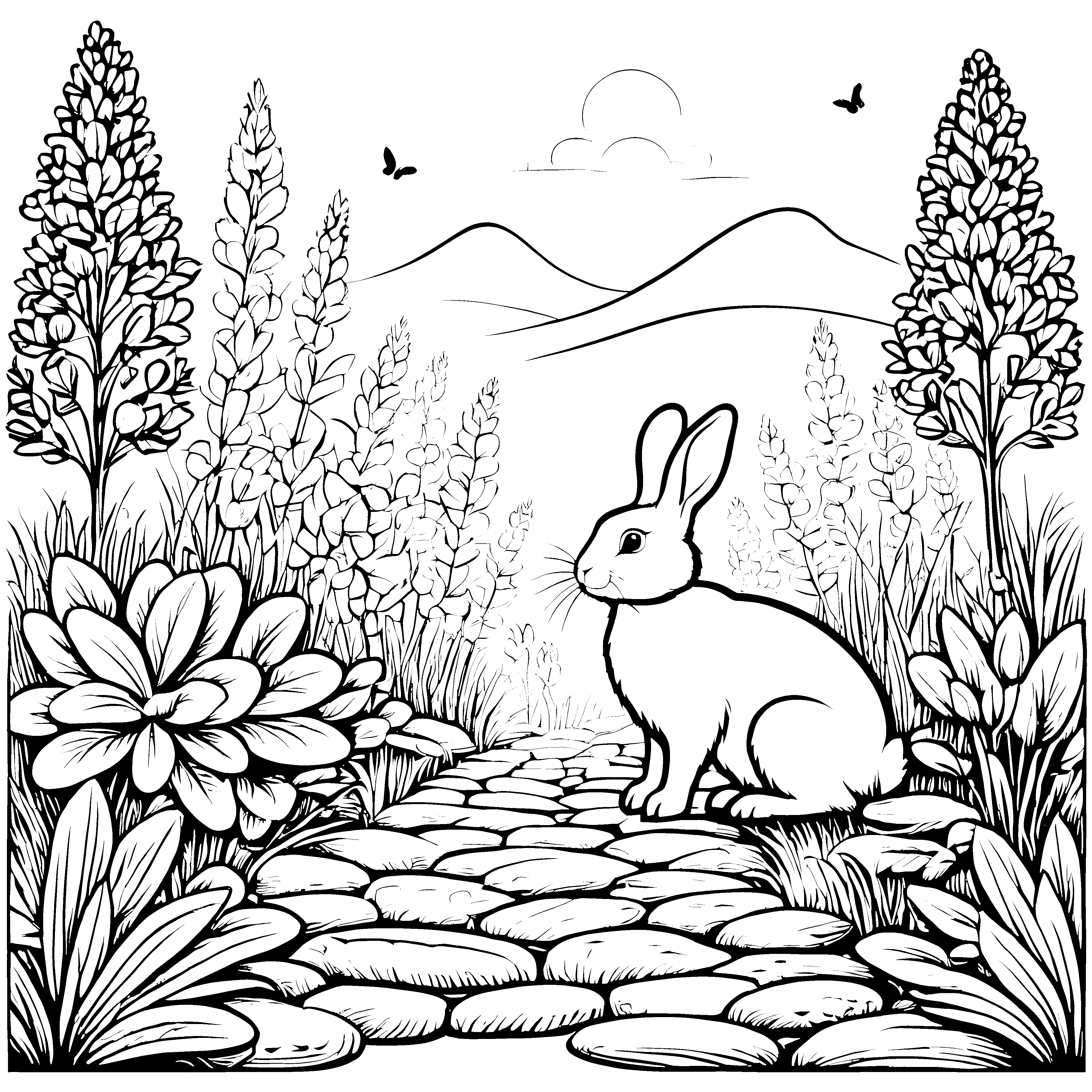 Zierlicher Hase auf dem malerischen Steinweg Malvorlage für neugierige Entdecker