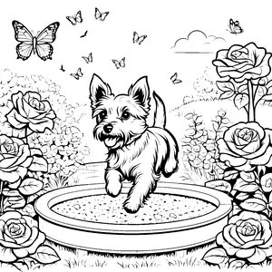 Spritziger Yorkshire Terrier zwischen bunten Blumen Ausmalbild für kleine Naturentdecker