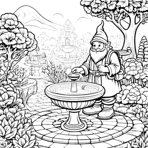 Fröhlicher Gnom am sprudelnden Brunnen Ausmalbild für kleine Naturfreunde