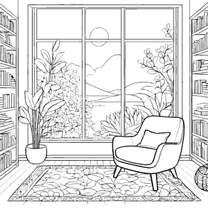 Gemütlicher Relaxsessel mit inspirierendem Ausblick Malvorlage für kreative Entdecker