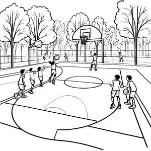 Dynamische Basketballspieler im Park-Ausmalbild für sportliche Entdecker