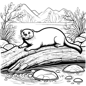 Spritziger Otter auf schwimmendem Baumstamm Ausmalbild für neugierige Tierfreunde