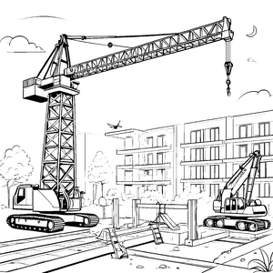 Gigantischer Baukran auf spannender Baustelle Ausmalvorlage für kreative Baumeister