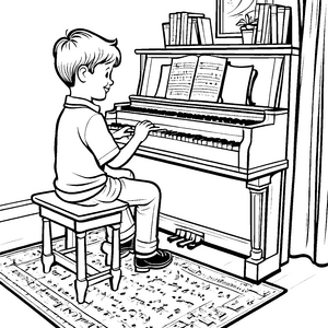 Fröhlicher Junge beim Klavierspiel Ausmalvorlage für musikalische Entdecker