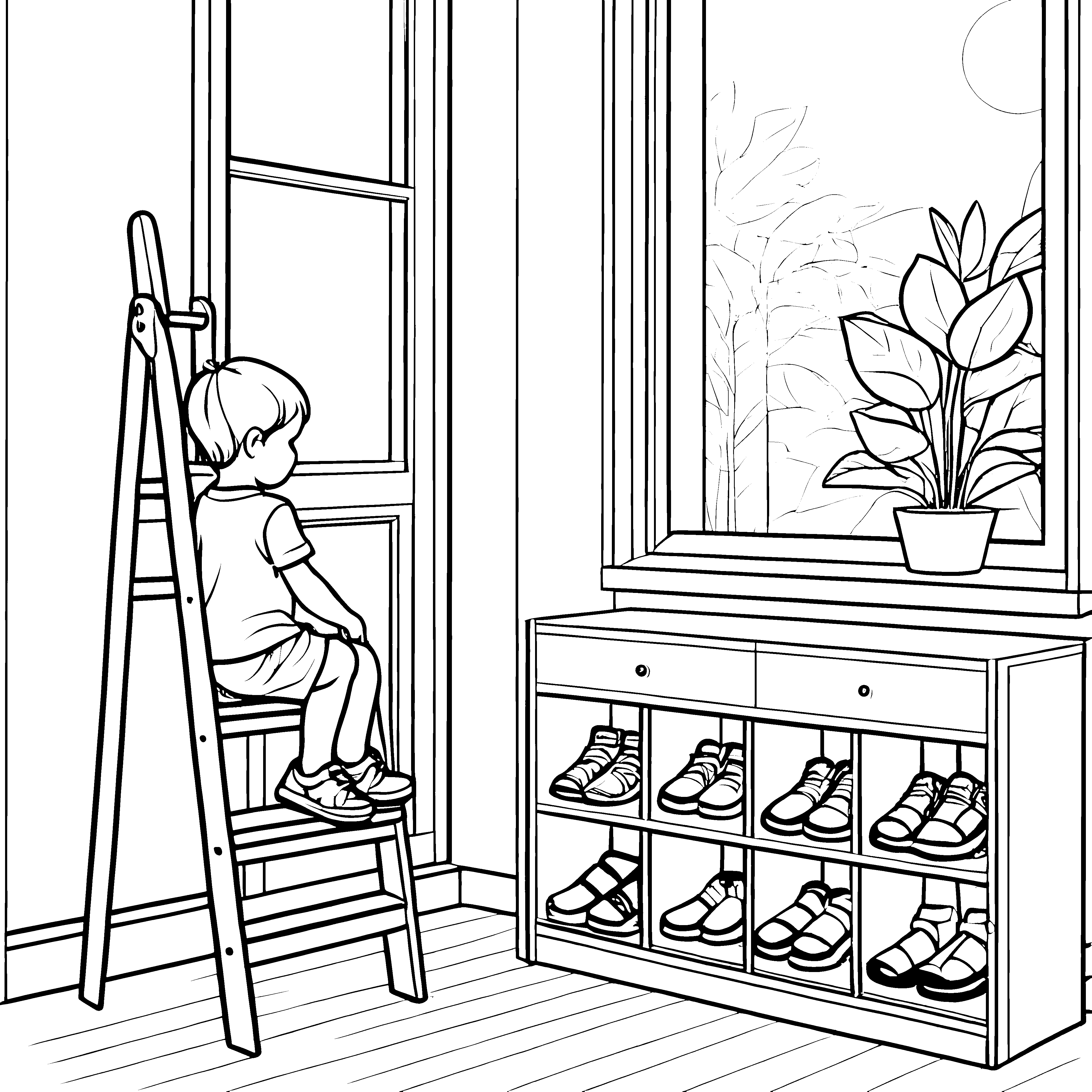 Schick sortierte Schuhe im stilvollen Schuhschrank Ausmalmotiv für kleine Designfans