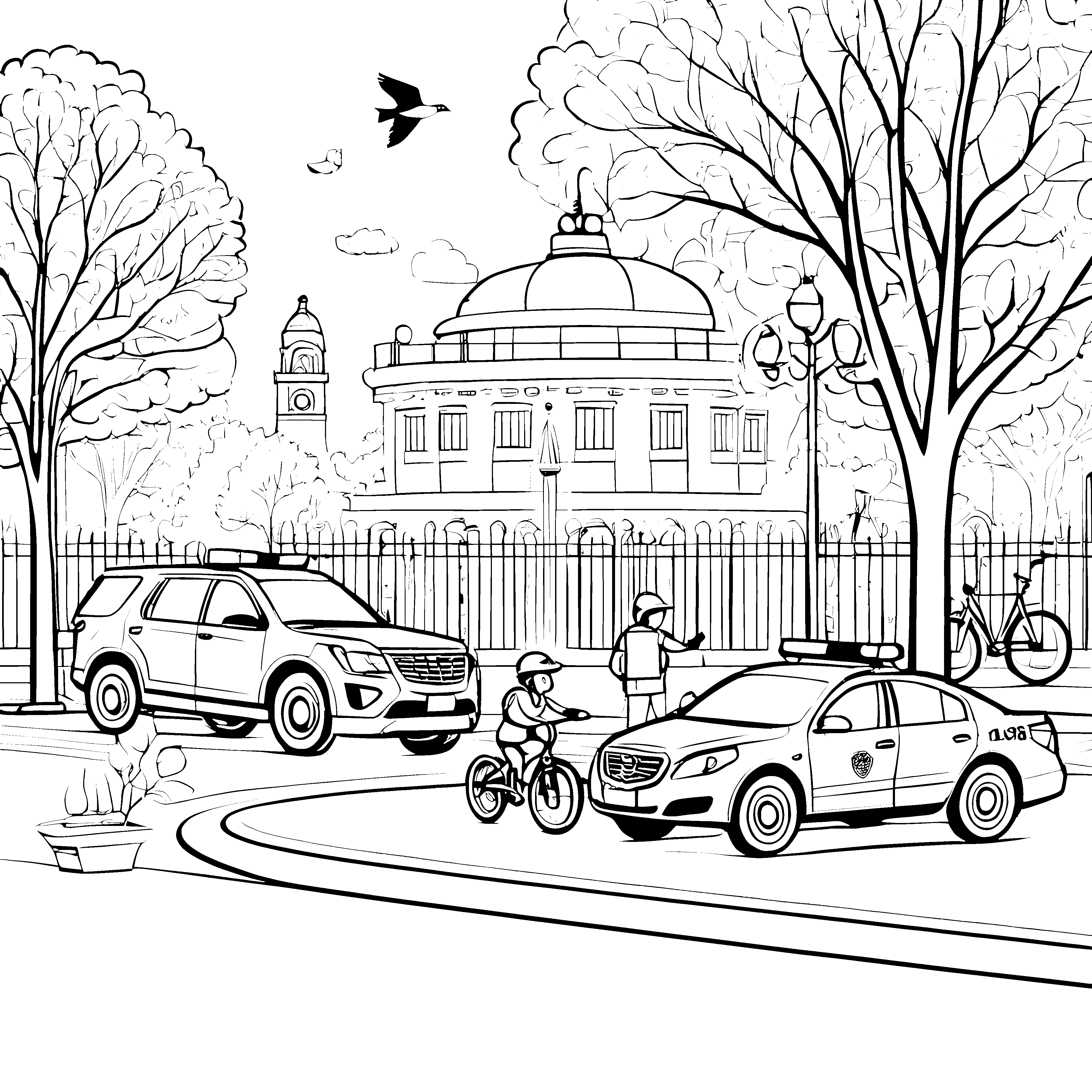 Polizeiauto im Stadtpark mit neugierigen Radfahrern Ausmalvorlage für kleine Kommissare