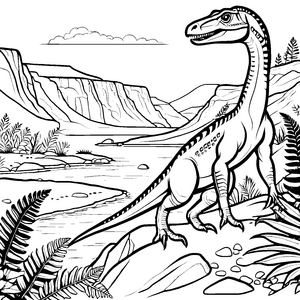Spannender Velociraptor an malerischem Fluss Ausmalmotiv für kleine Entdecker