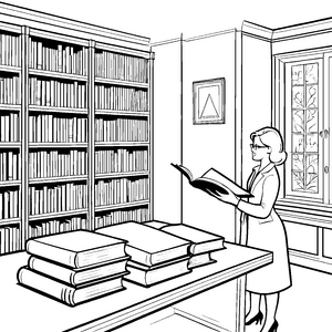 Inspiring Bibliothekarin mit neuem Lieblingsbuch Ausmalvorlage für kreative Entdecker