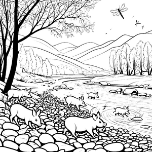 Verspielte Warzenschweinjungtiere am glitzernden Fluss Ausmalmotiv für tierbegeisterte Forscher