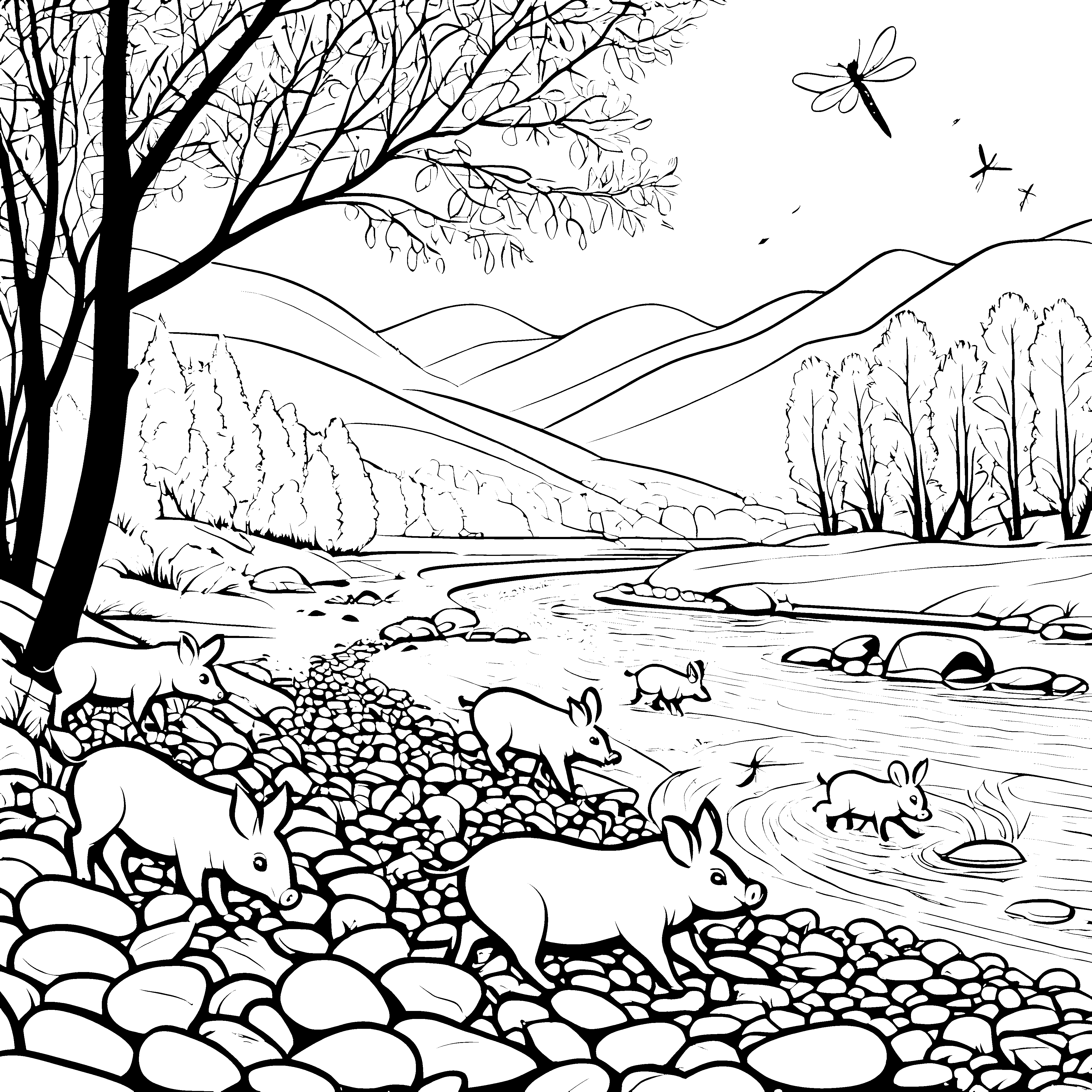 Verspielte Warzenschweinjungtiere am glitzernden Fluss Ausmalmotiv für tierbegeisterte Forscher