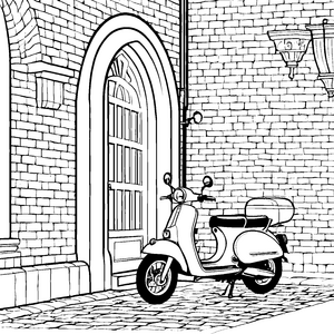 Stylisches Moped vor historischer Kulisse Ausmalmotiv für entdeckungsfreudige Kids