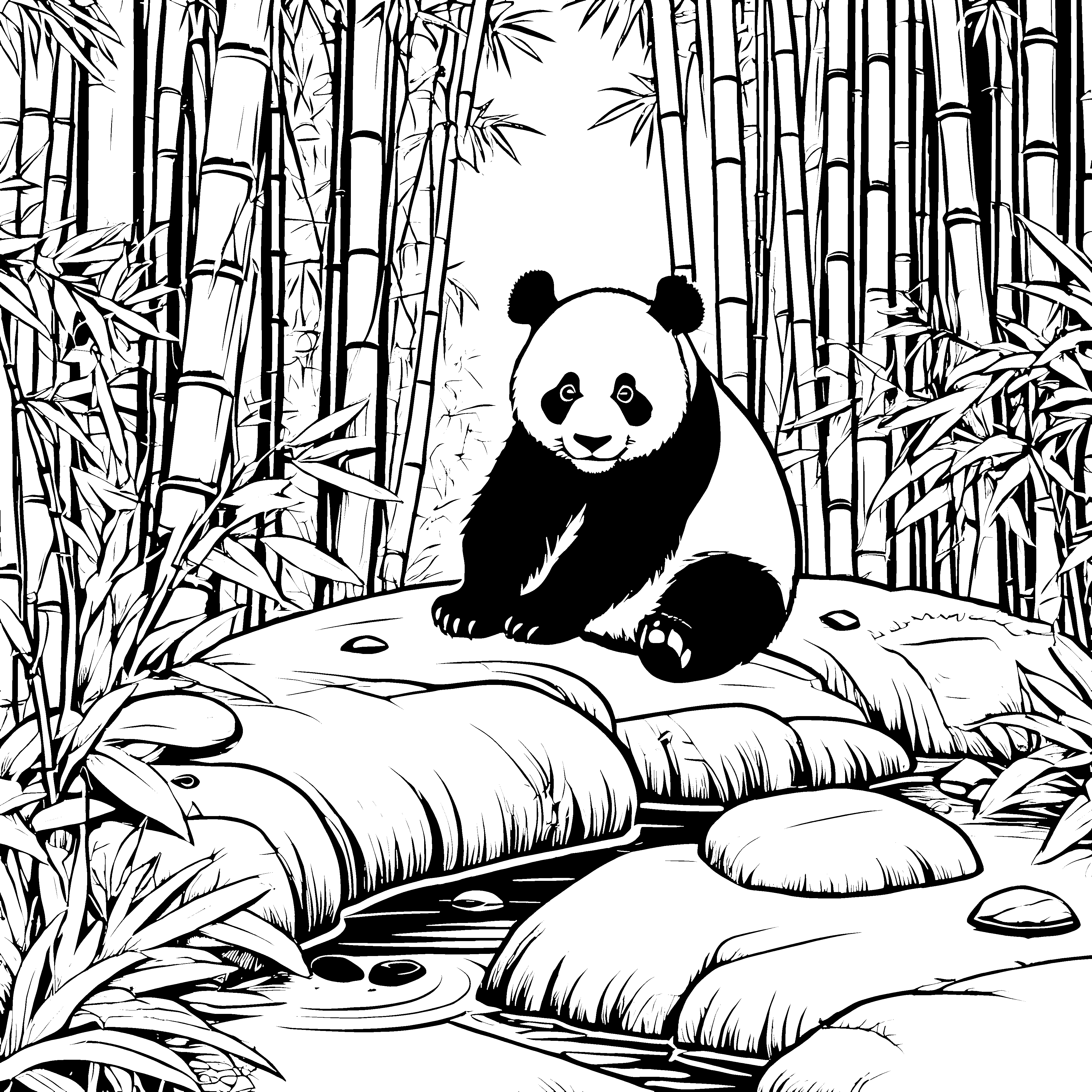 Bezaubernder Panda in friedlicher Bambuslandschaft Ausmalvorlage für kleine Naturfreunde