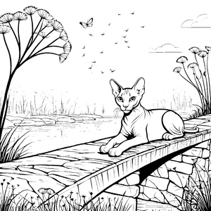 Bezaubernde Sphynx Katze auf der Brücke Malvorlage für neugierige Tierliebhaber