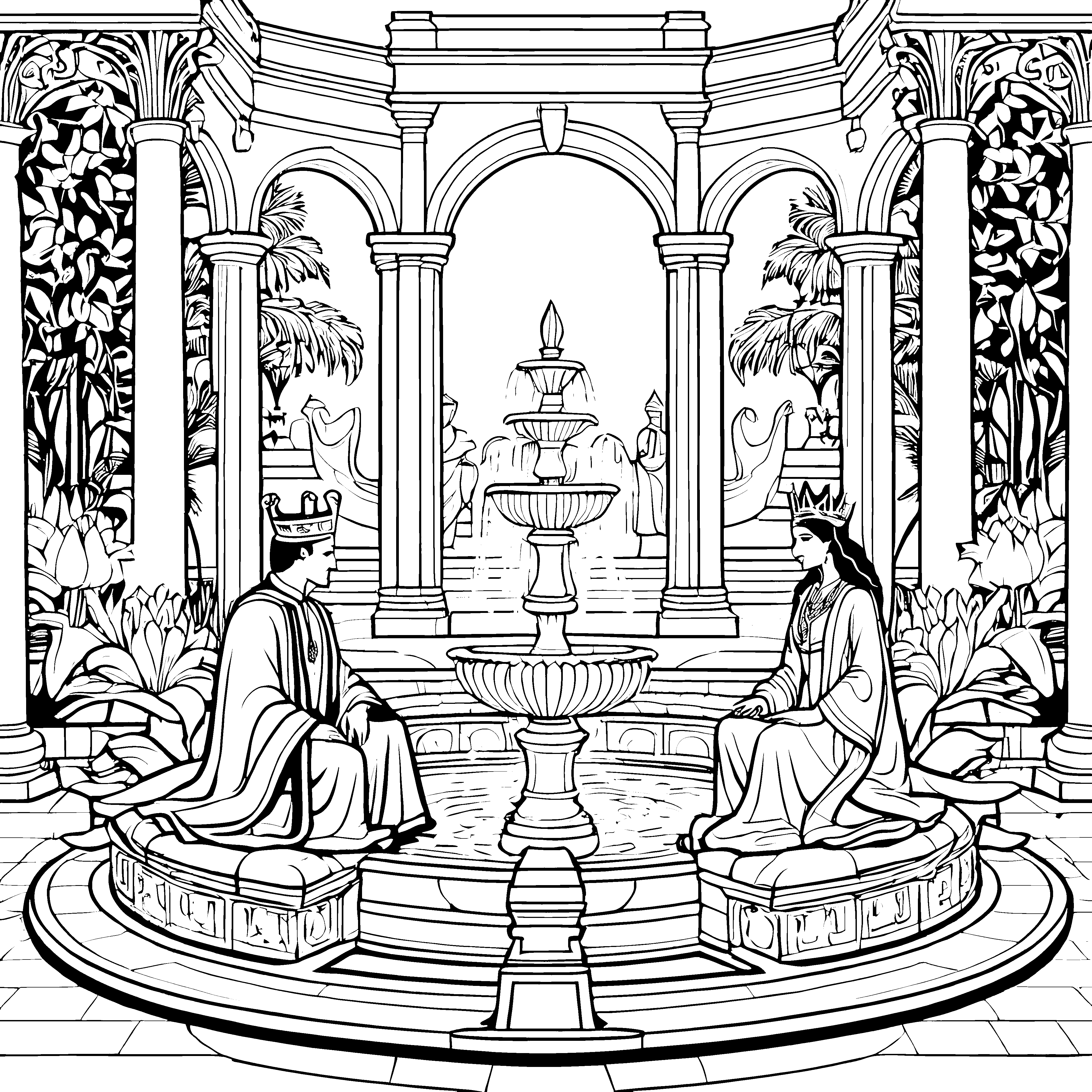 Majestätisches Königspaar im traumhaften Garten Ausmalvorlage für fantasievolle Entdecker