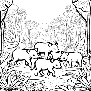 Verspielte Tapir-Jungtiere auf tropischem Abenteuer Ausmalbild für kleine Entdecker
