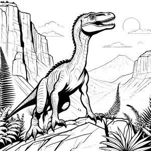 Dramatischer Velociraptor vor majestätischer Kulisse Ausmalvorlage für tapfere Dino-Freunde
