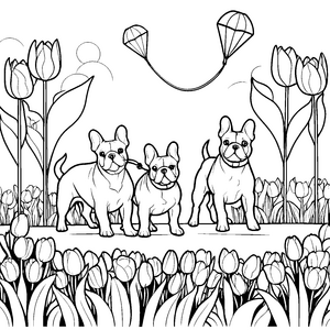 Drei charmante Französische Bulldoggen in der Blumenwiese Ausmalbild für angehende Tierfreunde
