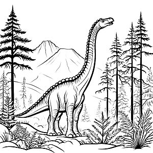 Majestätischer Brachiosaurus in der prähistorischen Landschaft Ausmalvorlage für junge Entdecker