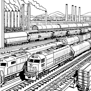 Dampfende Diesellokomotive im lebhaften Rangierbahnhof Ausmalmotiv für kleine Eisenbahnfans
