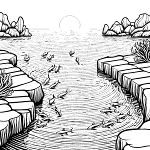Schwimmende Heringe im glitzernden Wasser Ausmalbild für kleine Naturliebhaber